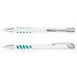 A white barrel metal pen with turquoise accents and a silver clip, featuring a branded logo.