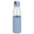 A drink bottle featuring a clear glass body with a light blue silicone sleeve and cap. It has a logo visible.