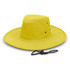 A wide-brim hat in bright yellow with ventilation holes and an adjustable chin strap. It features a logo.