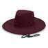 A maroon wide brim hat with a chin strap and metal eyelets, featuring a simple logo on the side.