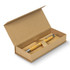 A kraft gift box containing a bamboo pen with silver accents, featuring an open cover. The box has a smooth finish.
