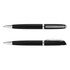A black metal pen with silver accents, featuring a sleek design and a clip on one side.