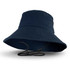 A navy Yuma bucket hat with a wide brim and an adjustable chin strap, featuring a logo.