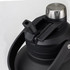 A drink bottle in black with a stainless steel cap and a detachable spout, featuring a sturdy handle and branding.
