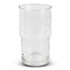 A clear glass tumbler with a stackable design, featuring a smooth finish and a branding logo.