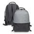 A grey and black backpack featuring a zippered closure and adjustable straps, with a logo on one side.