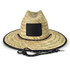 A straw Tiki hat in natural tones with a black band and adjustable chin strap. It features a branding area.