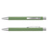 A green metal pen with a silver clip and tip, featuring a sleek, modern design.