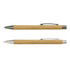 Two bamboo pens with silver and grey metal accents, featuring a sleek and natural design.