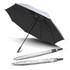 A black and silver umbrella with a curved handle, displayed open and alongside its closed form. It features a logo.