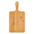 A bamboo serving board with a rectangular shape and a handle, featuring a natural wood finish. It has a logo on the handle.