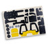 A wooden model kit featuring black and yellow forklift pieces, with various shapes and components on a light background.