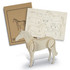 A wooden horse model with attached parts and assembly instructions, featuring a natural wood finish.