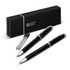 A black pen and pencil set with silver accents, presented in a sleek black box with a logo.