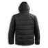 A black puffer jacket with a hood, featuring a quilted design and a logo. Viewed from the back.