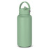 A drink bottle in a soft green colour with a screw top lid and carrying handle. It features a logo on the side.
