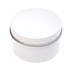 A petite candle in a white tin container with a smooth, rounded lid.