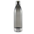 A drink bottle made of transparent material with a sleek design and a metallic base.