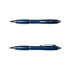 A blue metal pen with a sleek design and silver accents, featuring a clip and a writing tip.