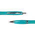 A metal pen in a vibrant turquoise color with a shiny silver clip and tip. It features a sleek design.