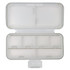 A white compact pill organizer with multiple compartments, featuring a hinged lid and a clean, minimalist design.