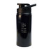 A drink bottle in black with a free flow lid and a design featuring a logo and motivational text.