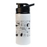 A drink bottle featuring a white body with black illustrations and a black free flow lid.
