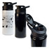 A drink bottle featuring a white body with colourful designs and a black bottle with a black free flow lid.