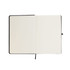 An open Venture RPET A5 Notebook featuring blank, cream-colored pages and a black cover.