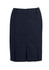 A dark navy wool stretch skirt featuring multi-pleats and a zipper closure at the back.