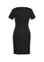 A black women's short sleeve shift dress with a fitted design and back zipper. Features a slit at the hem.