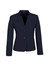 A navy short jacket with a reverse lapel and two buttons, featuring a fitted silhouette. It includes a logo.