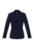 A fitted women's blazer in navy blue with a single button and tailored design. Includes a logo on the inside.