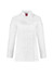 A white long sleeve chef jacket featuring a classic double-breasted design and an embroidered logo on the sleeve.