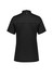 A black women's short sleeve jacket with a back button and a collar, featuring a logo on one sleeve.