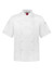 A white short sleeve chef jacket featuring a double-breasted design and a brand logo on the sleeve.
