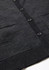 A dark charcoal knit cardigan featuring a button front and two front pockets. The fabric appears soft and textured.