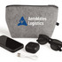 A grey felt pouch with a logo, alongside sunglasses, a smartphone, and a charging cable.