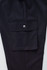 A close-up of black women's cargo pants featuring a side pocket with a button closure and a smooth fabric finish.