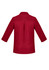 A red women's button-up shirt with 3/4 sleeves and a back pleat, featuring a collar and button cuffs.
