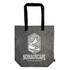 A grey tote bag with black handles and a logo featuring mountains and a sun. It has a gusset for added space.