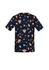 A women's short-sleeve scrub top featuring a navy background with colourful space-themed prints, including astronauts and planets.