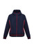 A navy jacket with red accents and a hood, featuring zippered pockets and a fitted design. Includes branding.