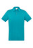 A teal short sleeve polo shirt featuring a classic collar and a button placket, with a logo on the chest.