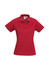 A women's short sleeve polo in a rich red colour, featuring a collar and a logo.