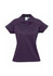 A women's short sleeve polo shirt in a rich purple colour with a collar and buttons, featuring a logo.