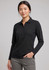 A long sleeve women's polo shirt in black, featuring a buttoned placket and a subtle logo.