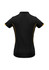 A women's short sleeve polo shirt in black with yellow accents and a logo on the upper back.