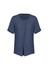 A short-sleeved blue women's T-shirt with a simple design and a logo on the label.