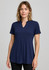 A navy blue women's tunic with short sleeves and a pleated front design, featuring a small collar and a logo.